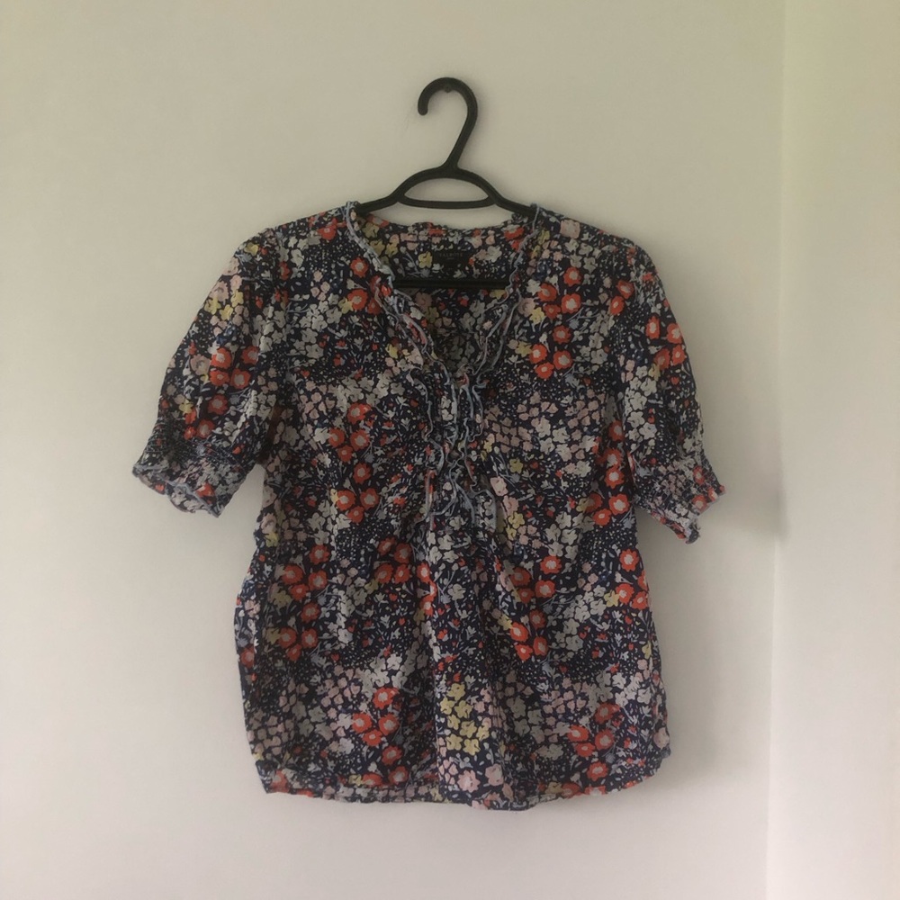 Talbots Navy Floral Ruffle Blouse | Size L Petite